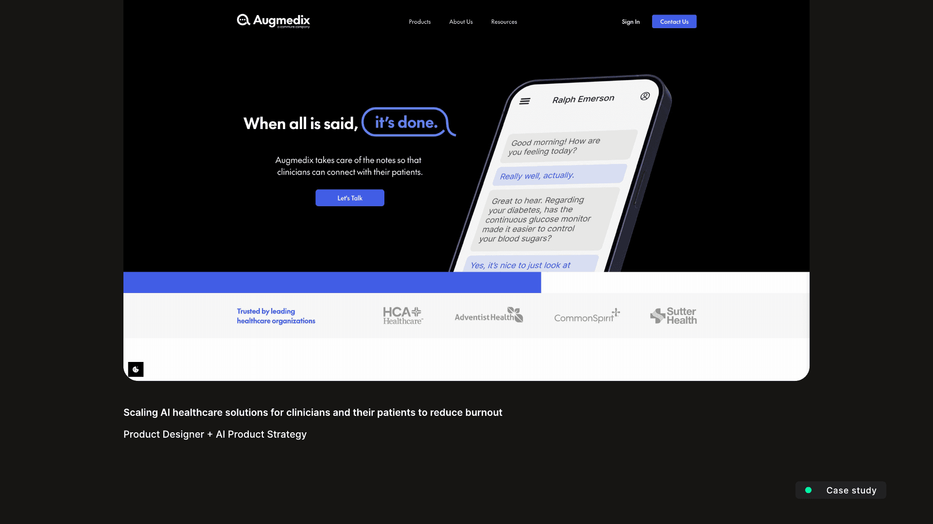Augmedix Assist marketing hero: phone showing an AI-drafted clinical note, with HCA, AdventHealth, CommonSpirit, and Sutter Health logos