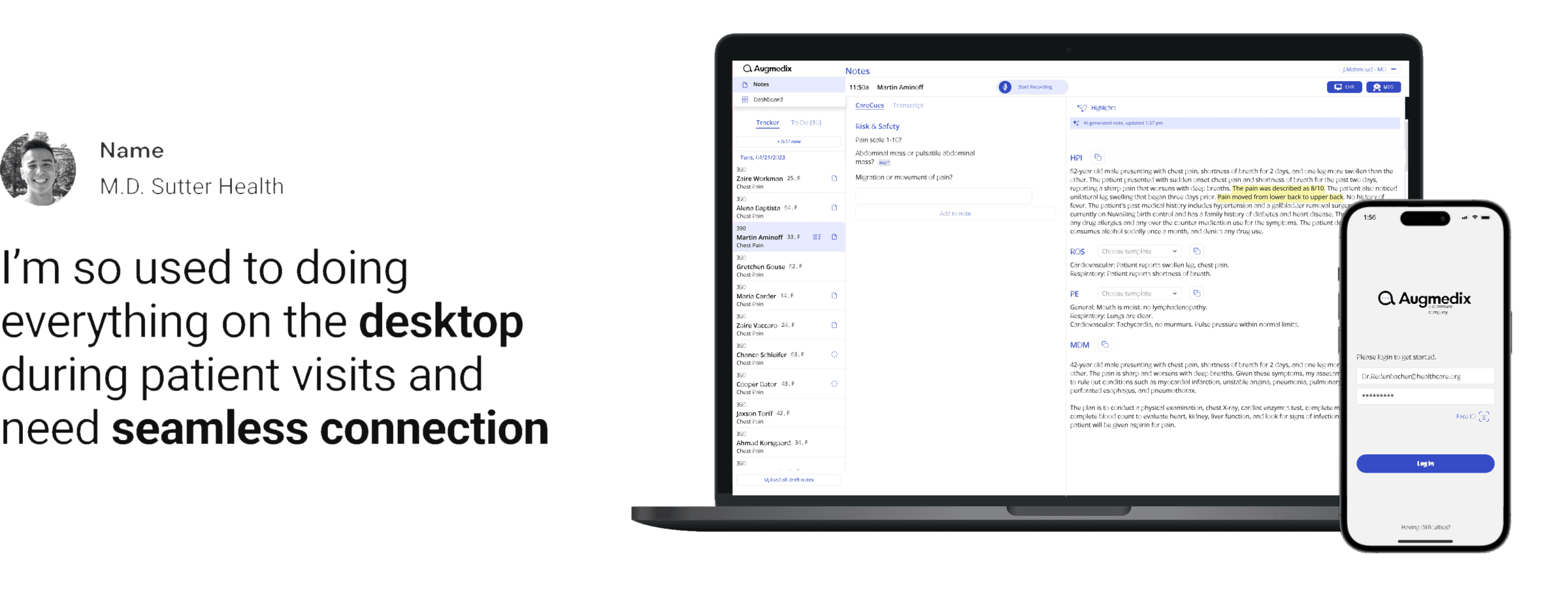 A Sutter Health physician's quote about needing a seamless desktop workflow, beside the Augmedix web app on a laptop and the mobile login
