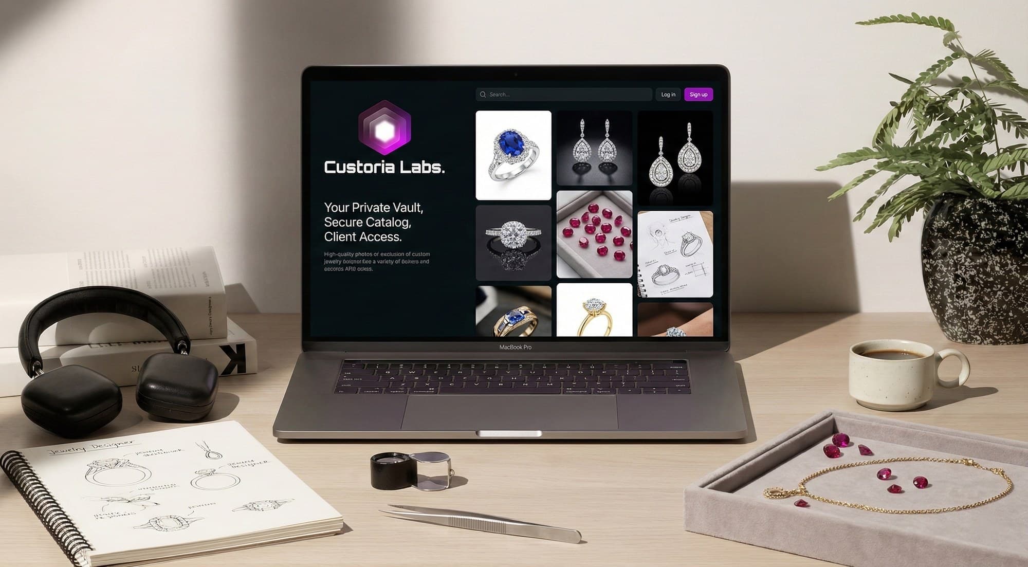 The Custoria Labs web vault on a MacBook in a jewelry studio: a private, secure catalog of rings, earrings, and loose stones