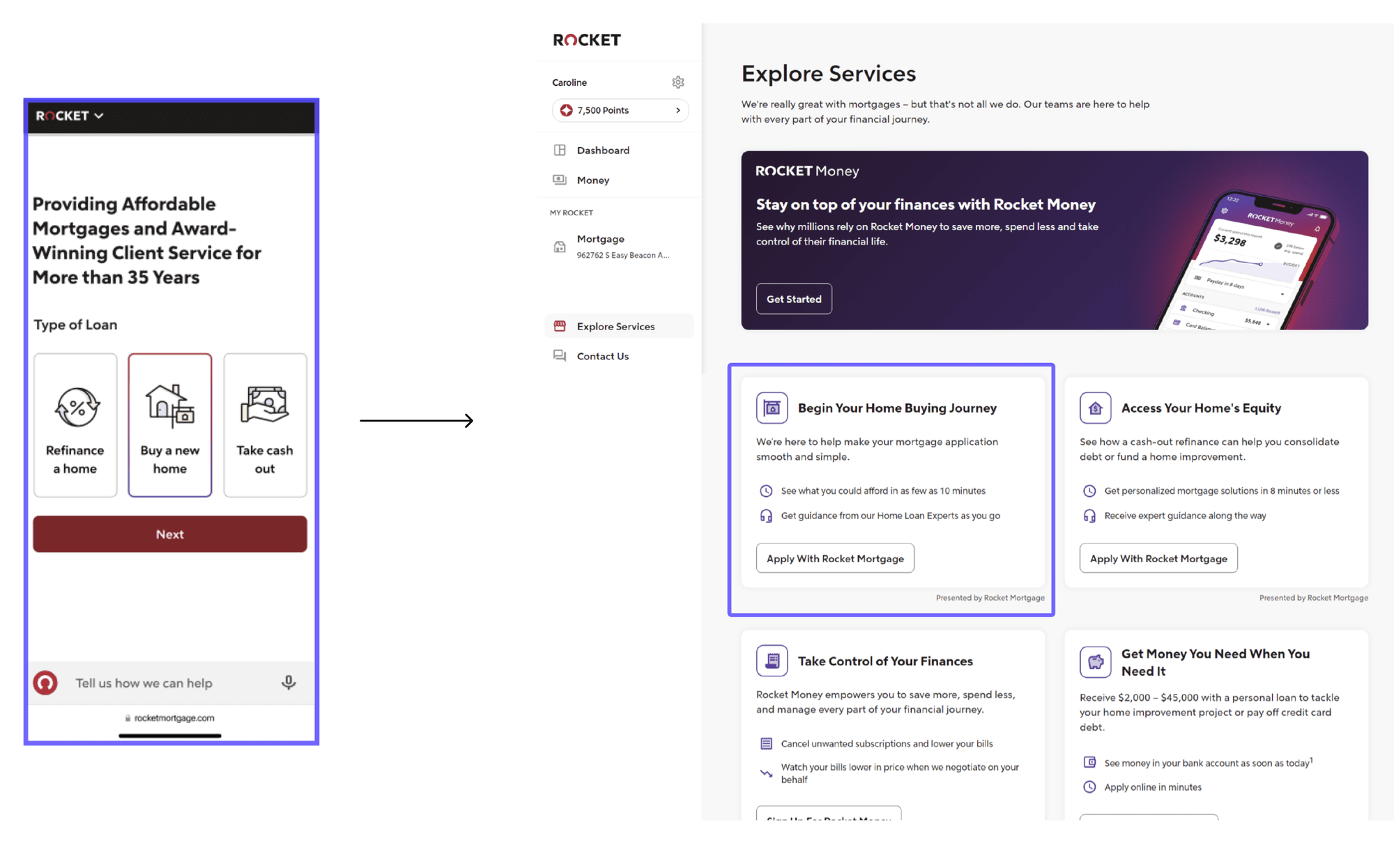 A loan-type selection on mobile flowing into a personalized Rocket dashboard, where the services and next steps that match the user's stated goals are surfaced first