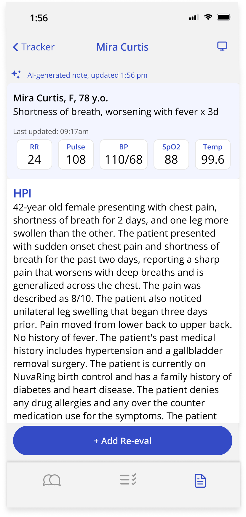 AI-generated clinical note with vitals, HPI, and a re-evaluation action