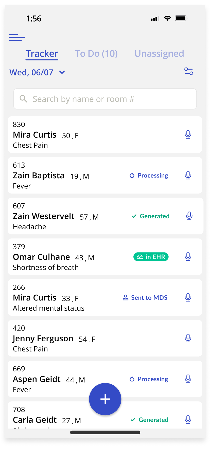 Augmedix patient visit tracker: a shift queue of patients with note status and a capture mic
