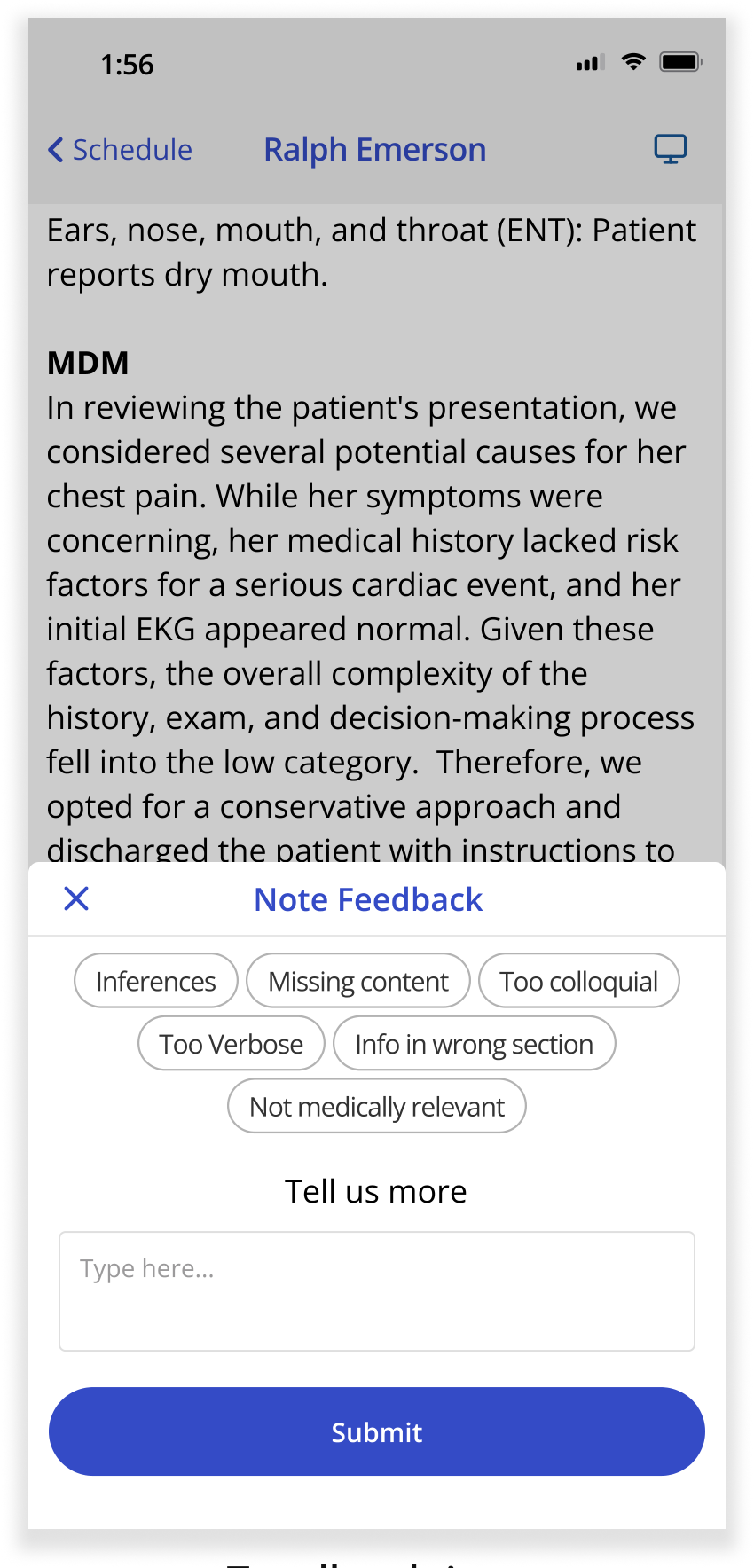Structured note feedback chips: inferences, missing content, too verbose, not medically relevant
