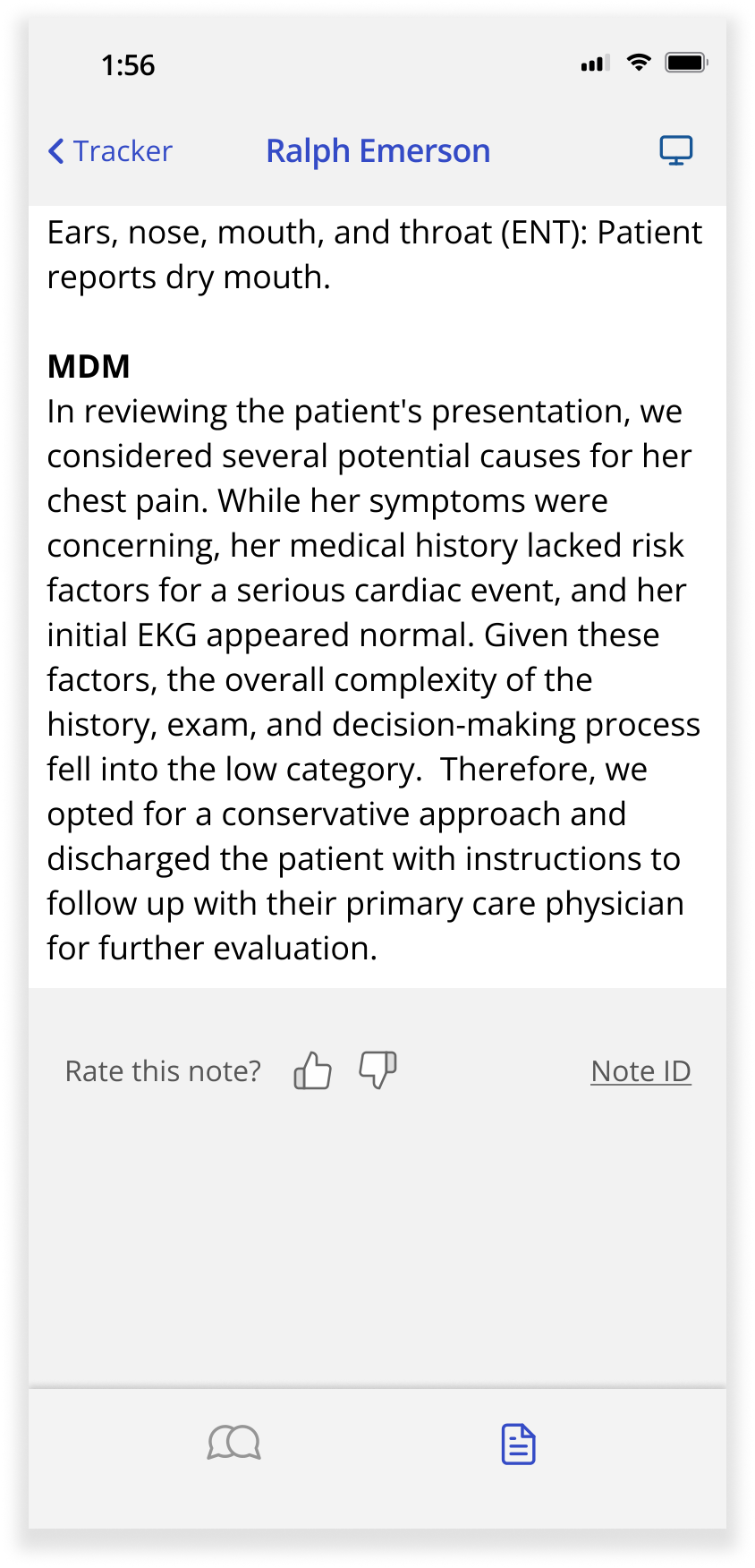 A generated clinical note with a thumbs up or down rating control