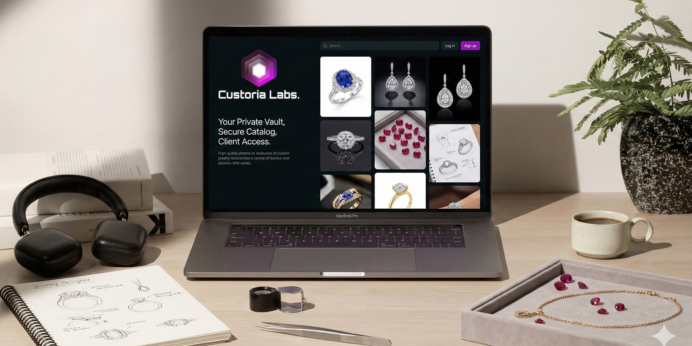 The Custoria web app on a laptop in a jewelry studio: a private vault catalog