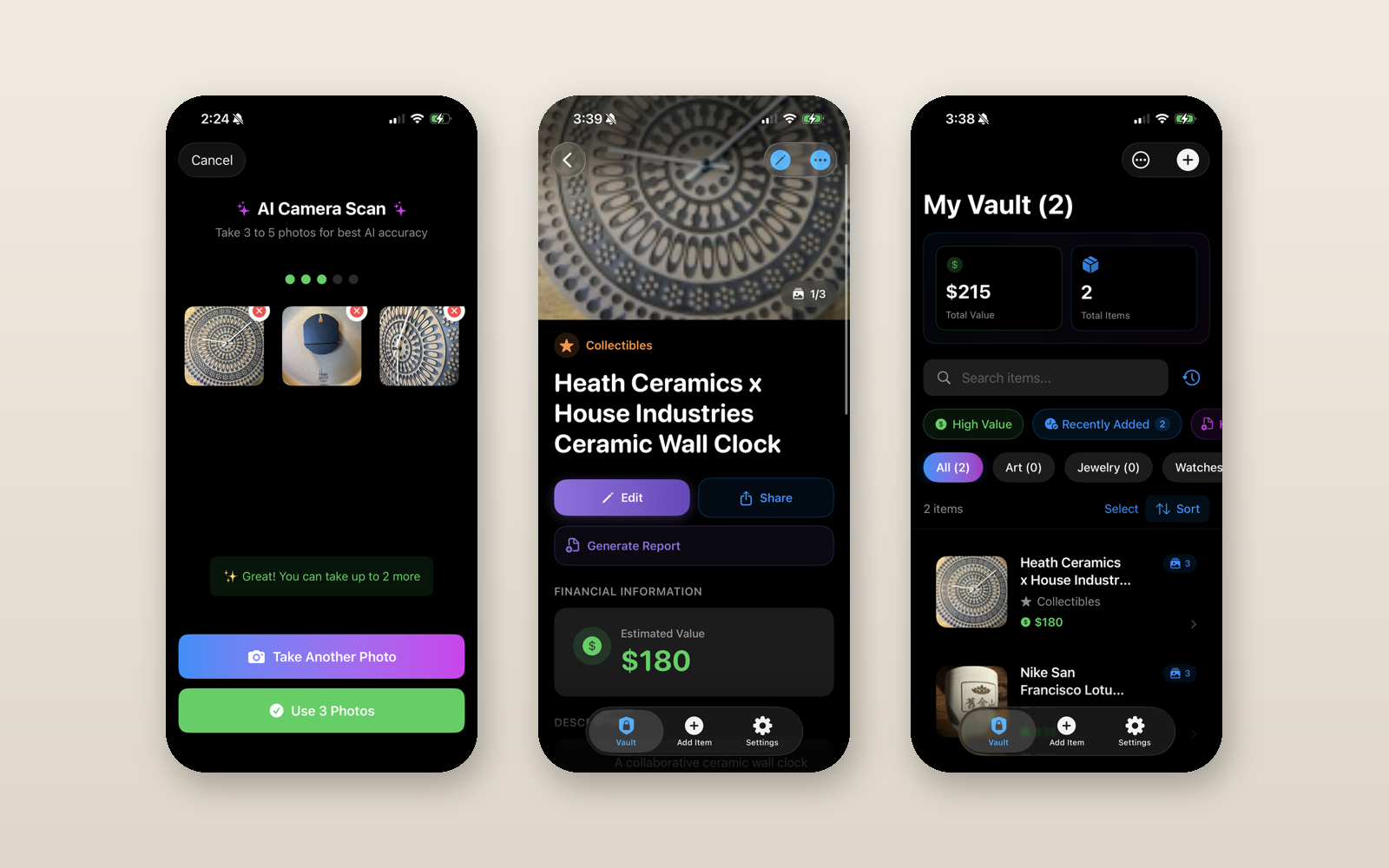 The Custoria iOS app: AI camera scan, an identified item, and the vault