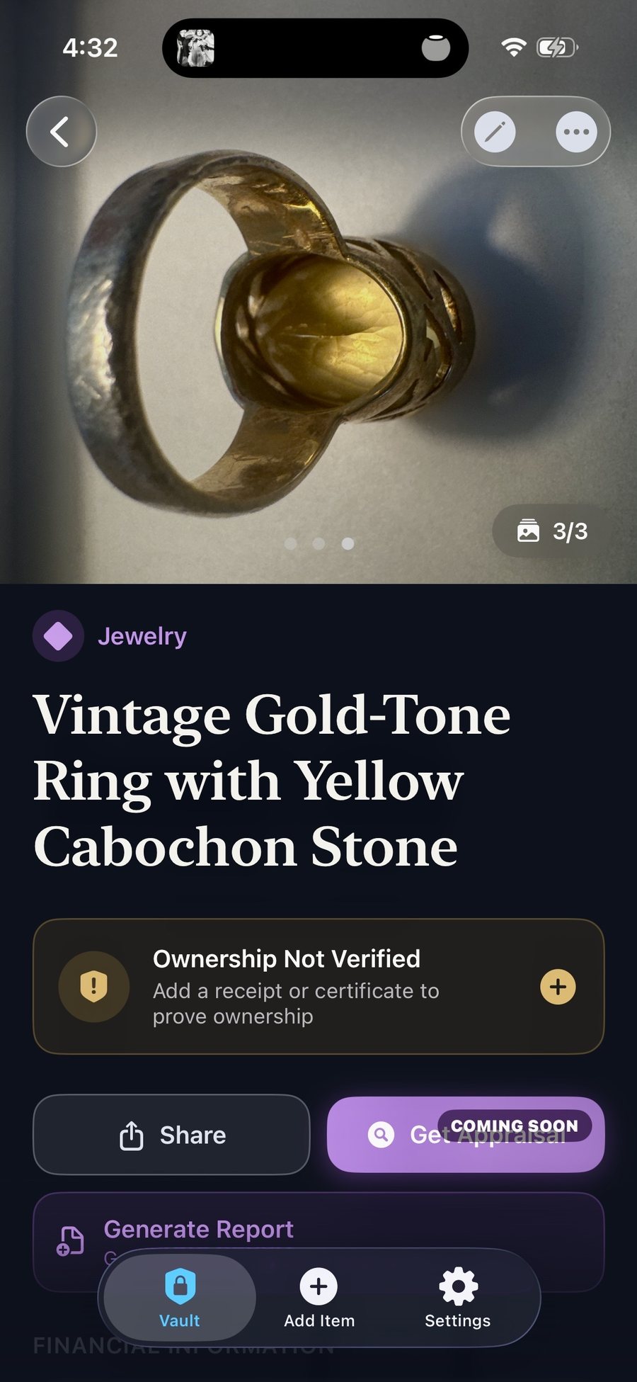 Custoria item page: a vintage ring photographed large, serif title, verification banner