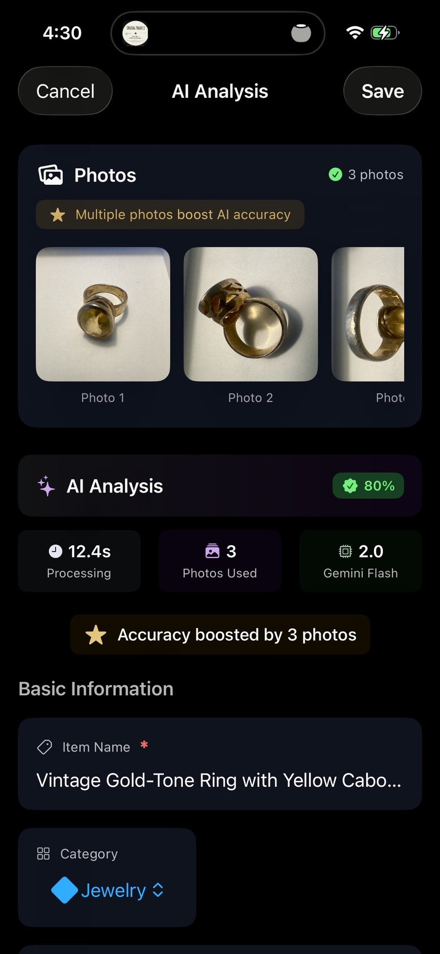 AI analysis result: 80% confidence, processing time, photos used