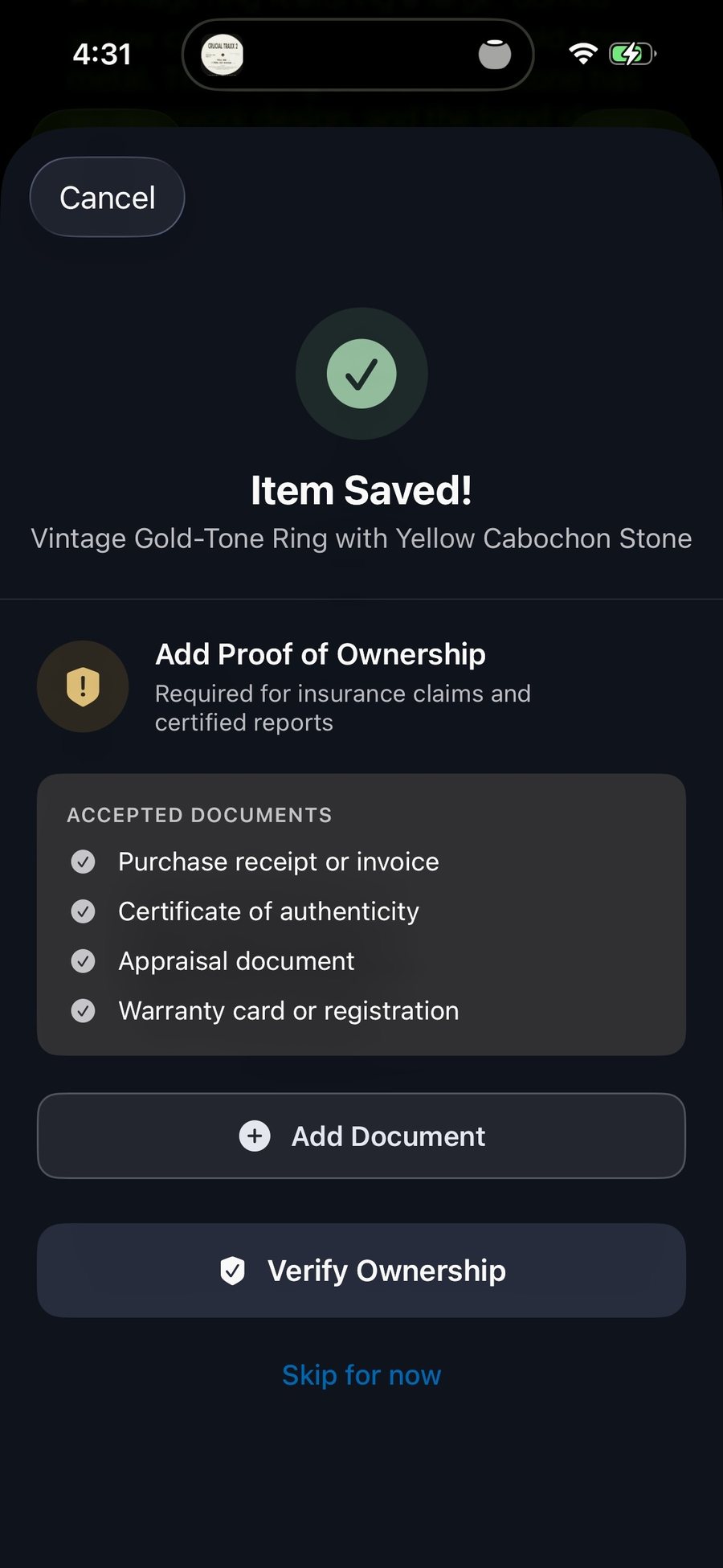 Item saved: proof-of-ownership prompt listing accepted documents